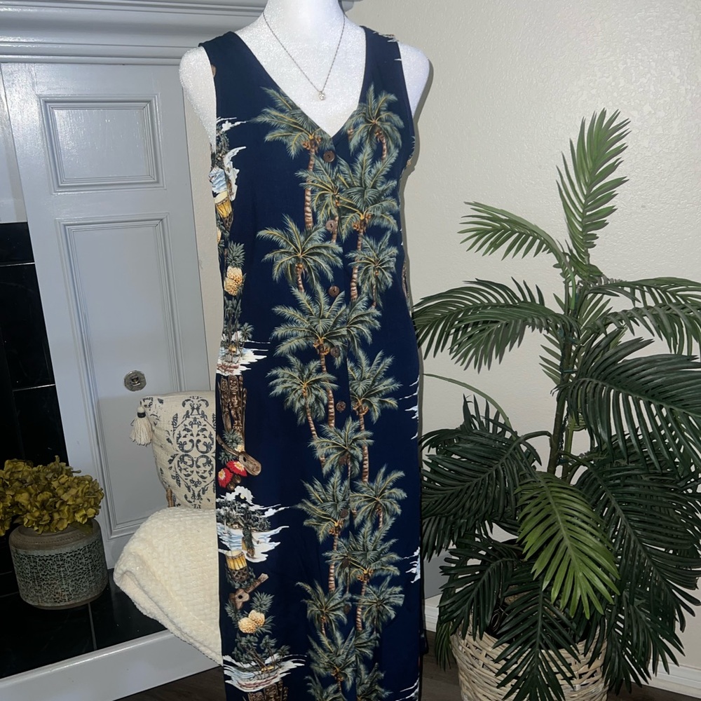 Hawaiian Reserve Vintage Tropical Palm Tree Midi Dress S